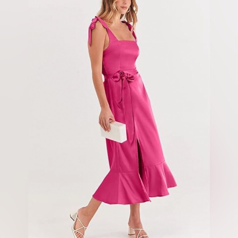 Womens pink satin dress split midi square neck shoulder ties, size Large NWT